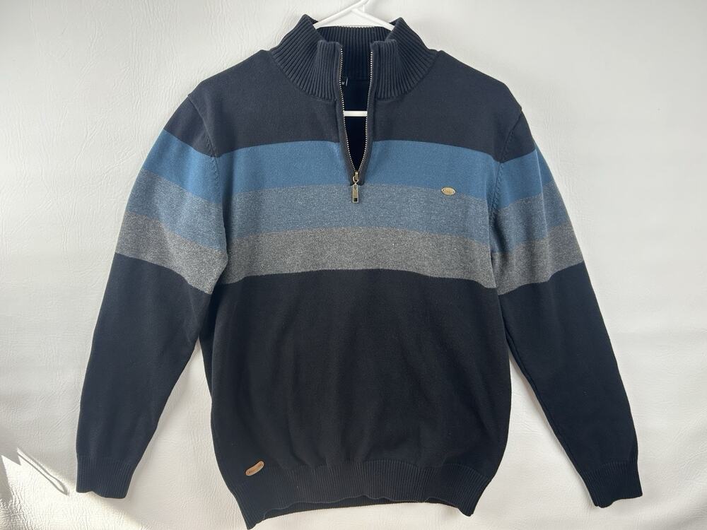 Mens Medium Quarter Zip Sweater Black Blue Gray Striped Mock Neck Cotton